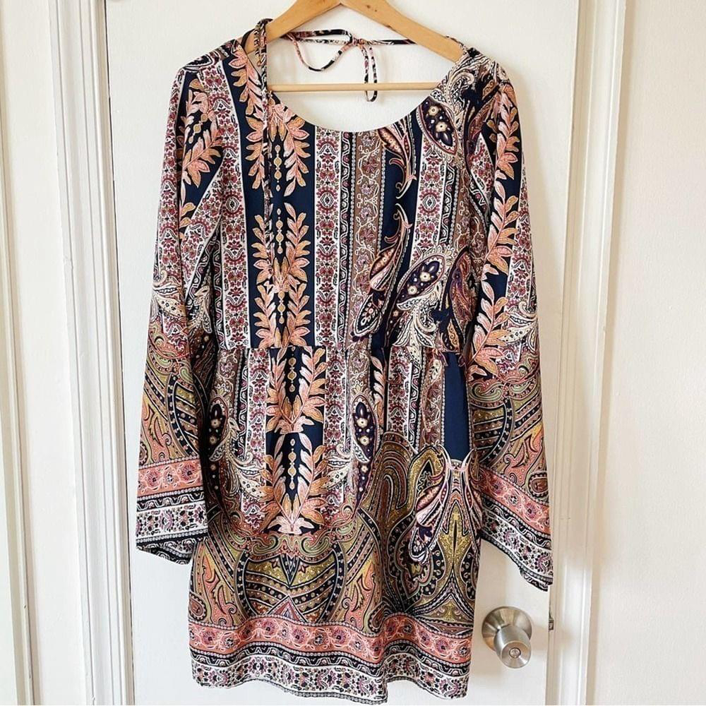 Sage open-back Boho Festival Long-sleeve Dress Paisley A-line Sheath Mini M - Picture 4 of 11